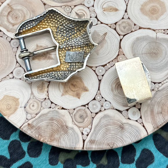 1990s JM Gold Vermeil Over Sterling Silver 2-Piece Belt Buckle Set Dots Textures - Picture 2 of 3